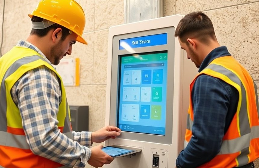 Técnico realizando el mantenimiento de un terminal de autoservicio